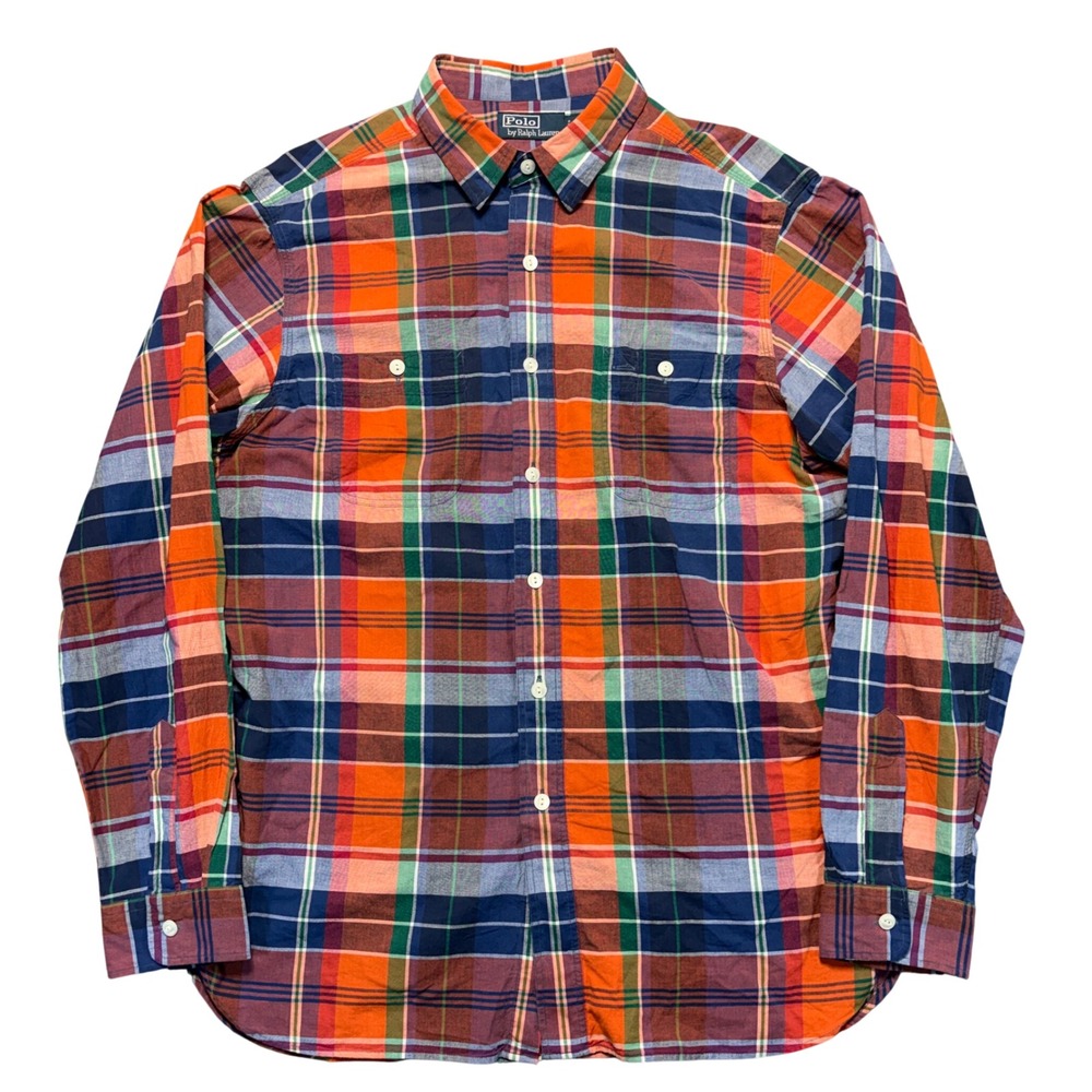 Polo Ralph Lauren Mens Large Plaid Button Down Shirt Orange Blue Long Sleeve L